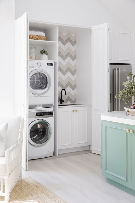 Laundry In Kitchen, European Laundry, Laundry Cupboard, Laundry Nook, Hidden Laundry, Tiny Laundry Rooms, Room Storage Diy, Three Birds Renovations, Laundry Room Closet