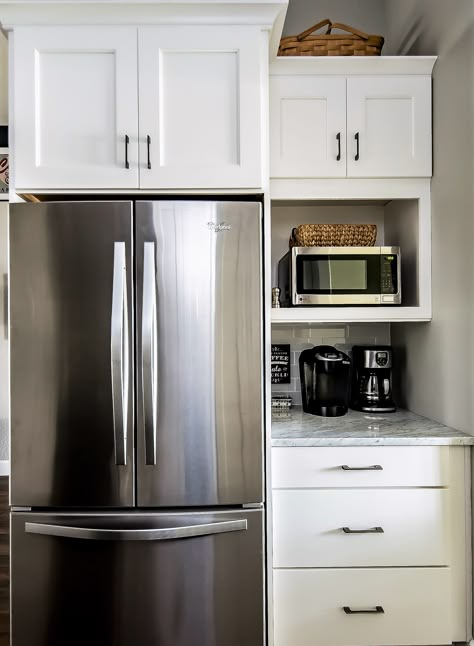 Refrigerator Inside Cabinet, Refrigerator With Cabinets Around It, Cabinets By Refrigerator, Kitchen Fridge Ideas Cabinets, Kitchen Cabinets Around Refrigerator Built Ins, Built In Refrigerator Cabinet Ideas, Fridge Built Into Cabinets, Kitchen Cabinet Around Refrigerator, Cabinets Surrounding Refrigerator