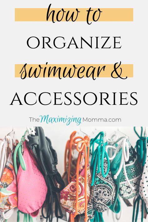 Has your house been taken over by swimsuits, towels, floaties, and sunscreen?  Even if you don't have a pool in your backyard, you can still organize your swimwear accessories so they don't end up in a pile on the bathroom floor.  Click through to read more! via @themaximizingmomma How To Store Bathing Suits In Closet, Swimwear Storage Ideas, How To Store Swimwear, Bathing Suit Organization Storage Ideas, Swimsuit Organization Ideas, Organize Swimwear, Bathing Suit Storage Ideas, Bathing Suit Organization, Swimsuit Storage Ideas