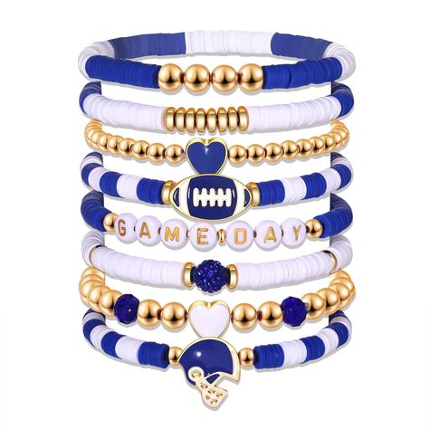 PRICES MAY VARY. ♥ Game Day Bracelets -- Support your favorite sports teams in style with our game day heishi bracelets. We offer a wide variety of colors and styles to match your favorite team's jerseys. These 8 strands of beaded stretch bracelets consist of tiny beads and 6mm polymer clay beads in vibrant team colors, accent with letter ‘#1’, ‘GO’ and ‘GAME DAY’, playful yet sophisticated. Embrace the thrill of gameday or liven up your everyday looks with these red/blue spirit day accessories Broncos Bracelet, Summer Beach Accessories, Bracelets Heishi, Summer Accessories Beach, Football Jewelry, Heishi Bracelets, Outfits Jewelry, Blue Spirit, Bracelets Red