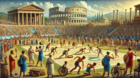 Roman Games Ancient Rome, First Olympics Greece History, Ancient Greek Wrestling, Greek Sports Ancient Greece, Chariot Racing, Ancient Olympic Games, Ancient Olympics, Combat Sport, Roman Era