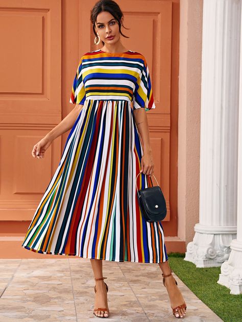 Multi-Striped Batwing Sleeve Long Dress | SHEIN EUR Summer Work Dresses, Wear To Work Dress, Shein Dress, Long Dress Casual, Shein Dresses, Long Summer Dresses, Casual Summer Dresses, Chic Dress, Dresses Long