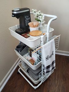 Hot Drinks Station, Coffee And Tea Bar, Store Organization Ideas, Dollar Store Organization Ideas, Drinks Station, Bar On Wheels, College Dorm Room Inspiration, Hot Cocoa Coffee, Dorm Room Styles