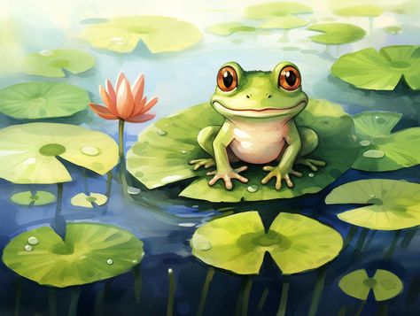 Poems on frogs Princess And The Frog Lily Pad, Frog On Lily Pad Tattoo, Frog Poem, Frog On Lilypad, Lily Pad Drawing, Frog Cards, Moon At Night, Pond Art, Frog Stuff