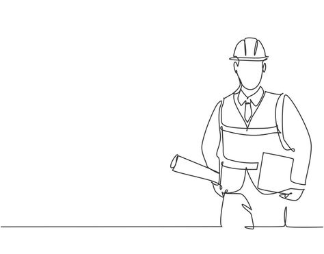 One single line drawing of young architect holding draft blueprint design roll paper and a clipboard. Building architecture business concept. Continuous line draw vector graphic design illustration Engineering Line Art, Civil Engineering Humor, Architect Illustration, Engineer Drawing, Civil Drawing, Blueprint Design, Architecture Business, Ing Civil, Draw Vector