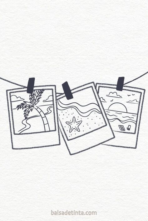 Polaroid Beach Tattoo, Things To Draw In The Sand, Meaningful Simple Drawings, Polaroid Pictures Drawing Ideas, Summer Related Drawing, Easy Umbrella Drawing, Small Pen Drawings Simple, On Vacation Drawing, Beach Outline Drawing