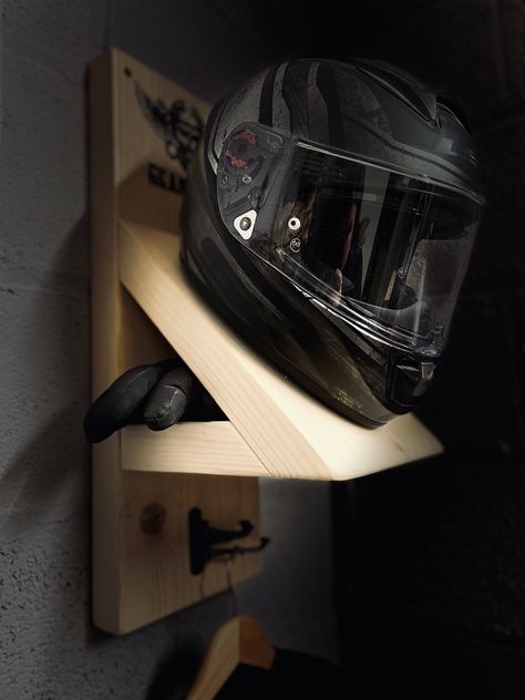 Motorbike helmet rack. Helmet stand 3 swivel iron hooks  Gloves and face covering storage. Can come personalised or un personalised. Names can be added. No logos of bike models allowed. Helmet Stand, Helmet Rack, Helmet Holder, Helmet Storage, Motorbike Helmet, Gear Rack, Rack Storage, Motorcycle Gear, Face Covering