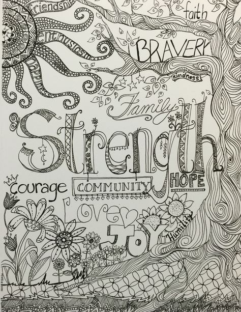 "Strength is..."  #zentangle picture created as fundraising color page for a friend. #mickiwg #penandink #drawing # doodle Strength Doodle, Zentangle Words, Painting Bible, Zendoodle Art, White Sketches, Hand Drawn Cards, Zen Tangle, You Doodle, Zen Doodle Art