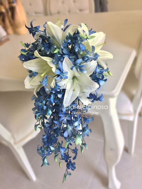 Water Theme Wedding, Bouquet Orchid, Blue Orchid Wedding, Bouquet Cascade, Iris Bouquet, June Flowers, Bridal Bouquet Blue, Blue Bride, Blue Wedding Bouquet