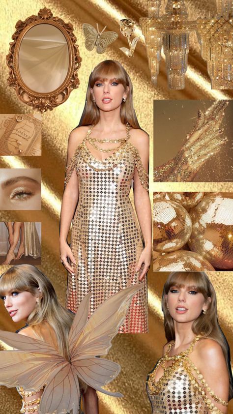 Gold Rush Taylor Swift Outfit, Taylor Swift Gold Dress, Gold Rush Outfit, Taylor Swift Shuffle, Gold Rush Taylor Swift, Taylor Swift Outfit Ideas, Era Tour, Rush Outfits, Moodboard Collage