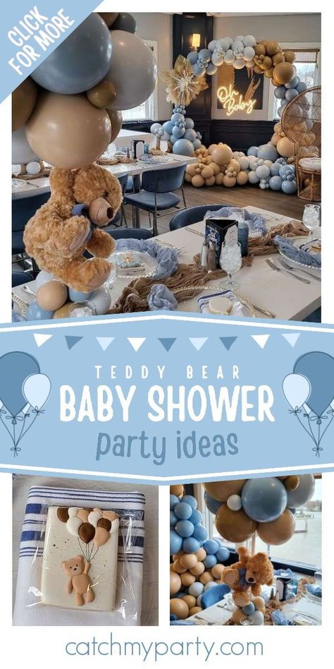 Check out this adorable teddy bear baby shower! The party decorations are wonderful! See more party ideas and share yours at CatchMyParty.com Teddy Bear Shower Decorations, Teddy Bear Treats For Baby Shower Boys, We Can Bearly Wait Boy Baby Shower Ideas, Teddy Bear Baby Shower Theme Boy Decoration, Boy Baby Shower Teddy Bear Theme, Teddy Bear Baby Shower Theme Desserts, Teddy Bear Baby Shower Food Ideas, Barely Wait Baby Shower Theme Boy, Teddy Bear Shower Ideas