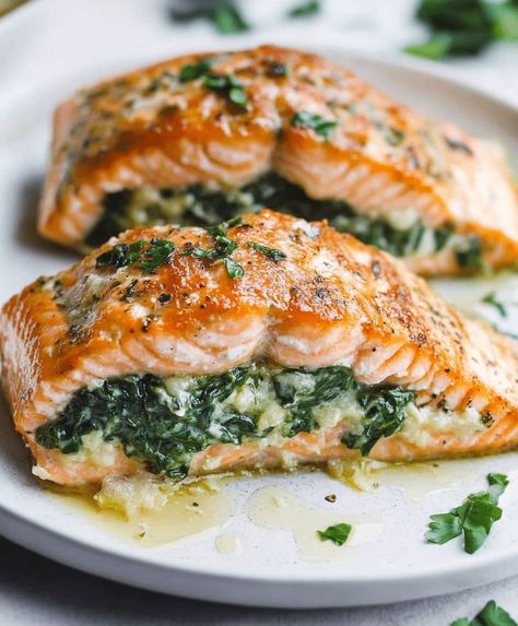 Spinach Stuffed Salmon Recipe Stuff Salmon With Spinach, Salmon Recipes Spinach, Stuffed Salmon Recipes Spinach, Salmon And Spinach Recipes, Nye Brunch, Stuffed Salmon Recipes, Salmon Spinach Recipes, Spinach Stuffed Salmon, Stuffed Salmon Recipe