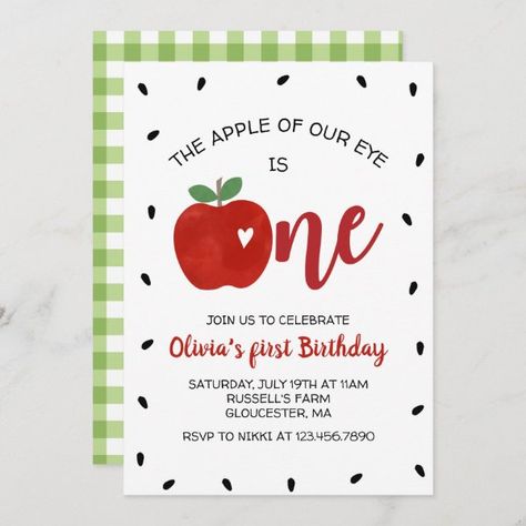 Apple of our Eye first birthday Invitation Apple Of Our Eye Birthday Party, Apple Theme 1st Birthday, Apple Of My Eye First Birthday Party, The Apple Of Our Eye Is Turning One, Apple First Birthday Girl, Apple Of Our Eye First Birthday, Apple Of My Eye Birthday Party, Apple Birthday Party Theme, Apple First Birthday