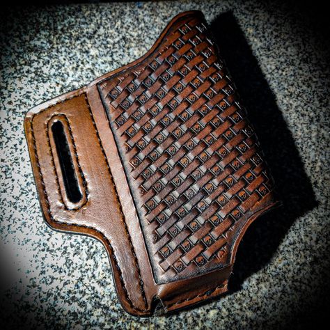 Dark brown leather cell phone case with a skull basket weave pattern going diagonal indirection. Perfect for wearing your phone on your hip. Leather Phone Holster Pattern, Leather Cell Phone Case Pattern, Leather Cell Phone Holster, Leather Phone Holster, Pancake Holster, Leather Cell Phone Cases, Guitar Straps, Tablet Cases, Cell Phone Holster