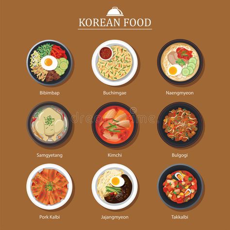 Set of korean food flat design. Asia street food illustration ba. Ckground royalty free illustration Korea Food, Learn Korea, Korean Writing, Korea Language, Korean Cooking, Study Korean, Korean Alphabet, K Food, Korean Street Food