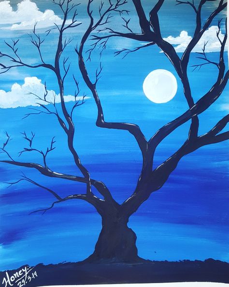 Night scenario painting by me.. which is just completed in 20 minutes.. less colours more attractive.. #moon #tree #clouds #blue💙  #artbyme #passion #proffession #love #loveartwork #insraart #thedrawingplanetbsp #drawing #painting #color Trees Art Drawing, Landscape Drawing Easy, Mad Ads, Monochromatic Painting, Simple Paintings, Dollar Store Christmas Decorations, Honey Art, Moon Tree, Monochromatic Art