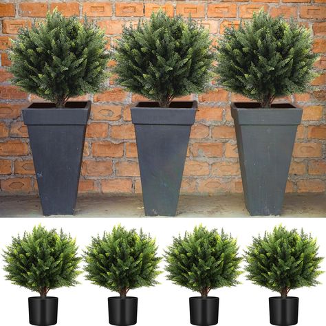 Faux Plants For Front Porch Christmas, Christmas Flower Pots Outdoor, Front Porch Walkway, Artificial Trees Outdoor, Garden Front Porch, Cedar Topiary, Faux Outdoor Plants, Plants For Home Garden, Porch Walkway