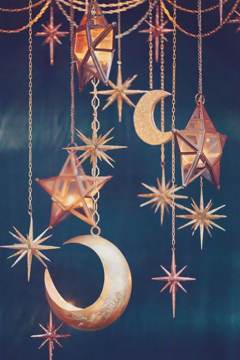 Metallic Hanging Lanterns Moon And Stars Wedding Theme, Moody Celestial, Moon Wedding Theme, Stars Wedding Theme, Night Wedding Theme, Starry Night Wedding Theme, Creepy Wedding, 2015 Wedding Trends, Star Themed Wedding