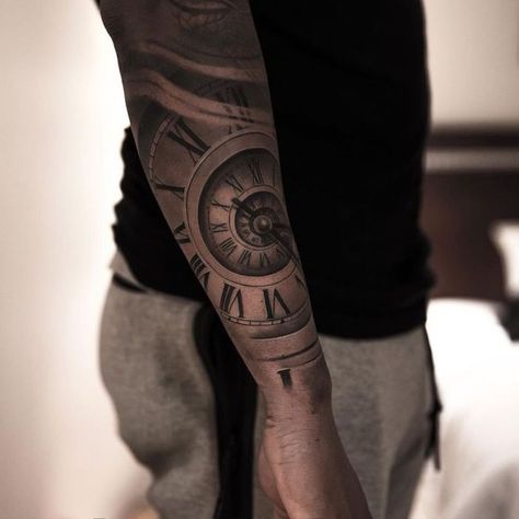 roman-numbers-tattoo-clock-sleeve-tattoo-black-top-grey-trousers Viking Tattoo Sleeve, Roman Numeral Tattoos, Clock Tattoo Design, Back Of Shoulder Tattoo, Geniale Tattoos, Watch Tattoos, Clock Tattoo, Tattoo Videos, Sketch Style