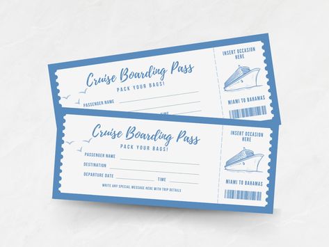 This editable cruise ticket coupon is the perfect gift for the traveler in your life! Whether it's a gift for him, a gift for her, or even for kids, it can be customized with your text to make it special. This ticket template makes a great, surprise gift certificate for a birthday, anniversary, graduation, or other special occasion. Cruise Tickets, Bullet Journal Quotes, Ticket Design, Ticket Template, Journal Quotes, Pack Your Bags, Gift Certificate, Surprise Gift, Gift Certificates