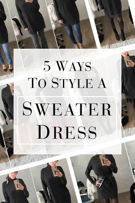 1 CASHMERE TURTLENECK DRESS, 5 CUTE OUTFITS | We challenged ourselves to mix it up a bit -- how many ways can we wear a cashmere turtleneck sweater dress? Answer: a lot. Our 5 outfits to try... | #TheMomEditStyle #FallOutfitIdeas #WinterOutfitIdeas #BlackTurtleneckSweaterDress #CashmerTurtleneckSweaterDress #TurtleneckSweaterDress #CashmereSweaterDress #Everlane #EverlaneSweaterDress #SweaterDressOutfits #OTKBootOutfits #TallBootOutfits #TightsOutfits #DressOverJeans Turtleneck Sweater Dress Outfit, Gray Sweater Dress Outfit, Turtle Neck Dress Outfit, Ways To Style A Sweater, How To Wear Turtleneck, Style A Sweater Dress, Sweater Dress Outfit Winter, Turtleneck Sweater Outfit, Black Turtleneck Sweater Dress