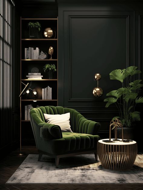 Dark Living Room Ideas, Green Sofa Living, Dark Green Living Room, Green Sofa Living Room, Moody Living Room, Art Deco Living Room, Dark Living Rooms, Black Living Room, Green Walls