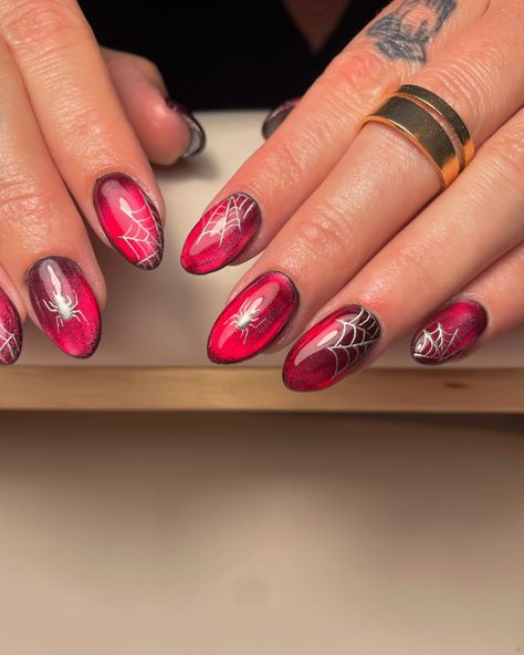 🕸️ Spooky season is here! These chrome spider web nails are giving all the Halloween vibes 👻 If you’re looking for a chic way to celebrate the season, this design brings the perfect mix of bold red with a holographic twist. 💅✨ Book your fall-inspired nail art now and let’s create something unique for your Halloween festivities! #HalloweenNails #SpiderWebNails #NailArtDesign #ChromeNails #FallNailInspo #SpookySeasonNails #NailTechLife #NailGoals #NailArtist #SeasonalBlissNails” #Buckey... Web Design Nails, Spider Web Nails, Web Nails, Halloween Festivities, Halloween Vibes, Chrome Nails, Autumn Inspiration, Spider Web, Nail Artist