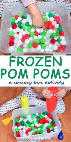 Frozen Pom Poms – HAPPY TODDLER PLAYTIME Sensory Activities Toddlers, Toddler Sensory, Fine Motor Skills Activities, Winter Preschool, Daycare Activities, Christmas Activities For Kids, Toddler Snacks, Preschool Christmas, Sensory Bin