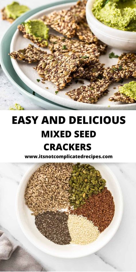 These easily made Mixed Seed Crackers are a great healthy snack to enjoy throughout the day, served with a dip or as a delicious addition to a cheese platter. The crispy crackers are packed with a variety of nutritious seeds, held together with water and seasoned with salt. They are vegan and gluten-free, full of flavour and great texture. Homemade Seed Crackers, Homemade Crackers Healthy, Gluten Free Cracker Recipe, Seed Crackers Recipe, Homemade Crackers Recipe, Seeded Bread Recipes, Cracker Recipe, Complicated Recipes, Seed Crackers