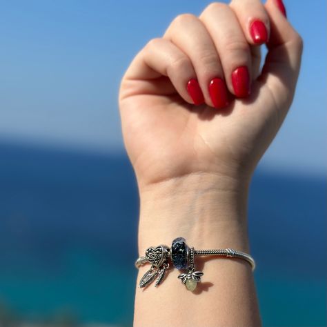 A hand with Pandora bracelet and charms Pandora Firefly, Firefly, Pandora Bracelet, Stardust, Pandora Charms, Dream Catcher