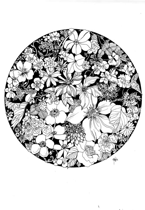 Flowers In A Circle, Ink Flowers, Strawberry Art, Black And White Art Drawing, Floral Drawing, Ink Illustration, Circle Art, In Full Bloom, Ink Illustrations