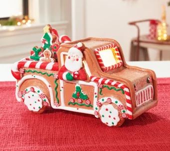 Illuminated Gingerbread Truck with Santa by Valerie - H223110 Gingerbread Truck, Qvc Christmas, Gingerbread Train, North Pole Village, Fake Candy, Gingerbread Diy, Gingerbread House Ideas, Valerie Parr Hill, Gingerbread Crafts