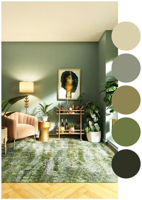 Aesthetic Room Color Combinations, Two Color Combination For Living Room, Room Color Inspo Aesthetic, Living Room Green Color Palette, Light Beige Living Room Ideas, Wall Color Combination With Green, Colour For Small Living Room, Green Wall Interior Living Room, Apartment Interior Color Schemes