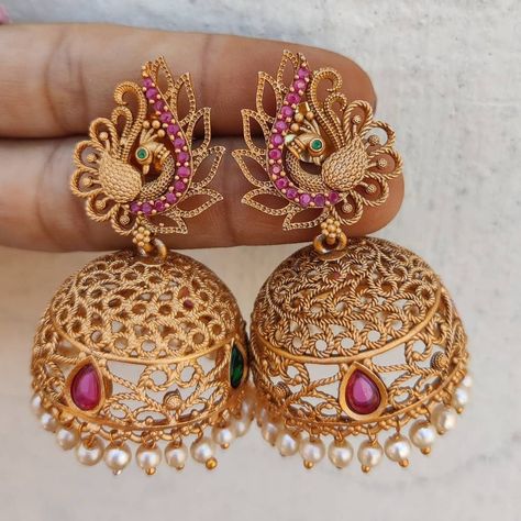 Gold Ear Rings Designs Latest Buttalu, Peacock Jhumkas Gold Earrings, Ear Rings Buttalu Latest, Jimmikki Kammal Design, Ear Buttalu Designs, Kammalu Buttalu Gold Latest, Jimikki Kammal Gold Design, Kammalu Designs Gold Latest, Peacock Jumkhas