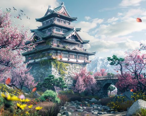 Medieval Japanese Castle with Samurai Design Japanese Fantasy Castle, Samurai Architecture, Japanese Castle Art, Asian Castle, Chinese Castle, Anime Locations, Medieval Japanese, Samurai Design, Minecraft Japanese