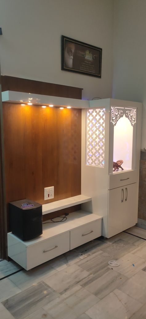 Tv Panel With Temple, Tv Cabinet With Puja Unit, Tv Cabinet With Mandir Design, Tv Panel With Mandir, Tv Unit With Puja Unit Modern, Tv Unit Design Modern With Mandir, Tv Cabinet With Pooja Unit, Tv Wall Design With Mandir, Tv Unit Attached Mandir