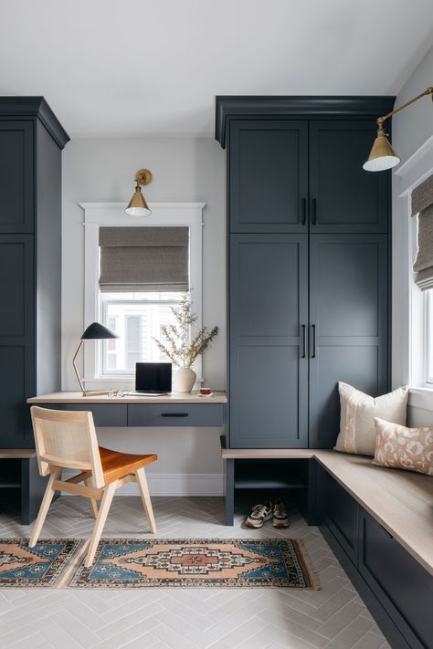 Isn’t it amazing when one space does it all? ❤️✨ 

With a custom bench, built-in drawers, ample cabinets, and a cozy desk nook, this spot is perfect for both work and organization! 🛠️📚

Photographer: Margaret Rajic
Styling: Jenny Officer
Design + Construction: Forest Glen Design x Build Office With Wardrobe, Built In Office Desk And Cabinets, Desk Nook, Custom Bench, Cozy Desk, Custom Benches, Home Renovations, Built In Bench, Remodels