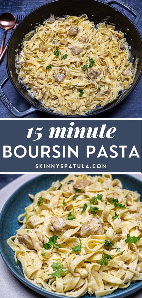 This Boursin pasta recipe with artichokes is creamy, garlicky, and ready in 15 minutes. It’s the perfect easy weeknight vegetarian dinner because you only need a couple of ingredients to make it. Pasta With Artichokes, Boursin Pasta Recipe, Boursin Pasta, Boursin Cheese Recipes, Boursin Recipes, Smoked Salmon Pasta, Cheese Pasta Recipes, Quick Pasta Recipes, Artichoke Pasta