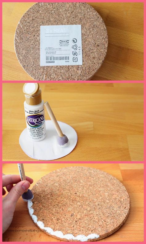 Doily & Scalloped Edge Cork Wall Sawdust Crafts, Diy Gifts Love, Paint Cork, Diy Bulletin Board, Diy Cork, Diy Placemats, Coaster Art, Diy Christmas Ornament, Woodburning Projects