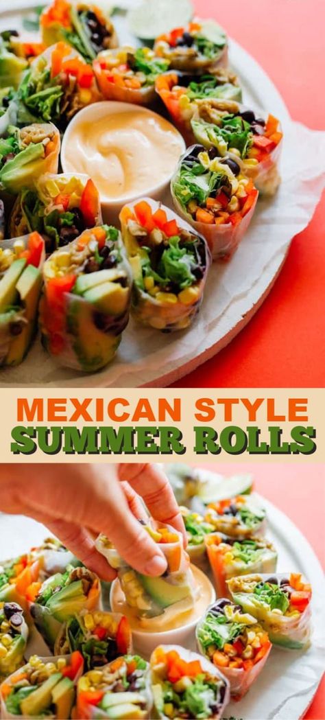 These Mexican Style Summer Rolls are packed with fresh veggies and dipped in a smoky chipotle sauce, you’ll forget how healthy they are! #summerrolls #mexican #mexicanfood #vegetarian #summer #appetizers #avocado Healthy Mexican Appetizers For Party, Mexican Bites Appetizers, Mexican Style Vegetables, Mexican Summer Food, Vegetarian Mexican Appetizers, Mexican Spring Rolls, Appetizer Rolls, August Recipes, Summer Rolls Recipe