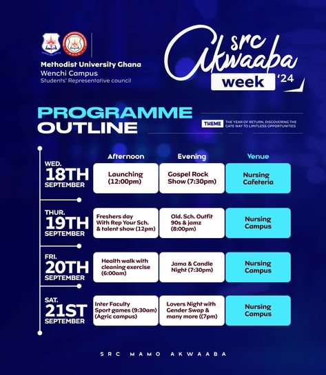 SRC akwaaba week programme outline flyer designed by oppomence, Ghana. Contact us on 0247369275 Doctor Background, Page Background Design, Walking For Health, Gate Way, Social Media Art, Banner Design Inspiration, Ads Design, Flyer Design Inspiration, Ppt Design