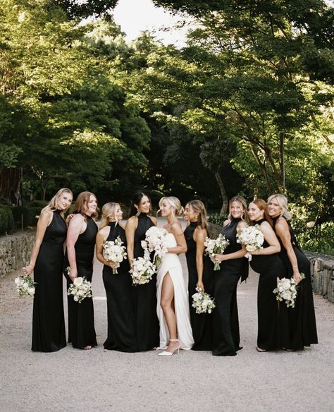 Bridesmaids In Black Dresses Bridal Parties, Black Dresses Bridal Party, Green And Black Bridal Party, Dark Bridesmaid Dresses Mismatched, Wedding Party Color Scheme, Black Bridal Party Attire, Black And White Wedding Theme Classy, Wedding Black Bridesmaid Dresses, Black And White Bridal Party