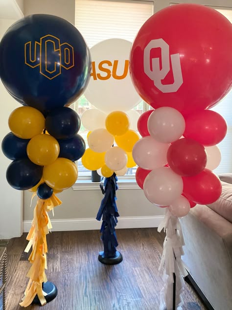 College Balloon Decor, College Signing Day Table Ideas, Senior Cheer Banners, College Balloons, College Football Decor, Bbq Theme Party, Grad Backdrop, College Signing Day, Seniors 2024