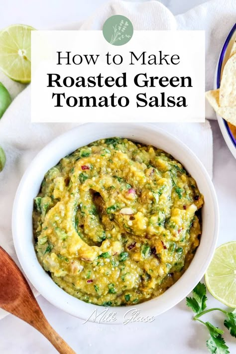 Spice up your tacos and nachos with the vibrant, tangy flavors of this roasted green tomato salsa recipe. It's a great way to end tomato season and a delicious solution for utilizing those extra green tomatoes from the garden! Salsa With Green Tomatoes, Cherry Green Tomato Recipes, Small Green Tomato Recipes, Preserving Green Tomatoes, Roasted Green Tomato Recipes, Green Cherry Tomatoes Recipes, Recipes Using Green Tomatoes, What To Make With Green Tomatoes, Green Cherry Tomato Recipes