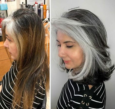 30 People Before And After Embracing Their Natural Grey Hair With The Help Of This Hairstylist (New Pics) Gray Transition, Gray Blending, Grey Hair Transformation, Gorgeous Gray Hair, Grey Hair Inspiration, Beautiful Gray Hair, Silver Highlights, Gray Hair Growing Out, Silver Hair Color