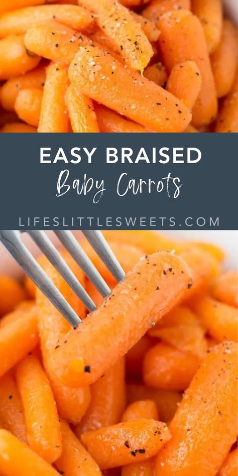 These Easy Braised Baby Carrots are a great side dish with dinner. They are tender and savory and seasoned simply with salt, pepper, and butter. (vegan option) #easy #healthy #vegan #vegetarian #simple #sides Carrot Side Recipes, Butter Poached Carrots, Butter Carrots Stovetop, Buttered Carrots Stovetop, Braised Carrots Recipe, How To Cook Baby Carrots, Carrots Recipe Side Dishes, Carrot Recipes Stove Top, Stovetop Carrots