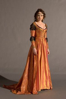 Lucrezia-Da Vinci's Demons Orange Royal Dress, Orange Fantasy Outfit, Orange Medieval Aesthetic, Red Medieval Dress With Historical Design, Medieval Red Dress With Historical Design, Orange Medieval Dress, The Borgias Lucrezia Dresses, Red Tudor Gown, Laura Haddock