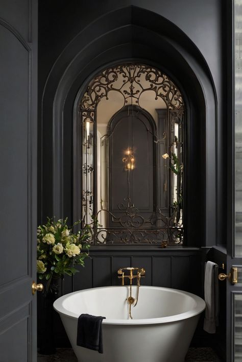 Explore the architectural sophistication of Gothic Arch (2047-10) in this daily interior designer routine for an elegant bathroom retreat. Dive into luxurious decor inspiration! #Ad #homedecor #homedesign #bathroom #Painthome interiorarchitecture best Wall Colors for Bathroom Colors Bright Room Colors best colors combinations bathroom bathroom Remodeling Modern Paint Colors 2024 Gothic Interior Design Modern, Victorian Gothic Bathroom, Dark Academia Bathroom, Paint Colors 2024, Bright Room Colors, Big Concert, Parisian Bathroom, Gothic Interior Design, Feminine Era