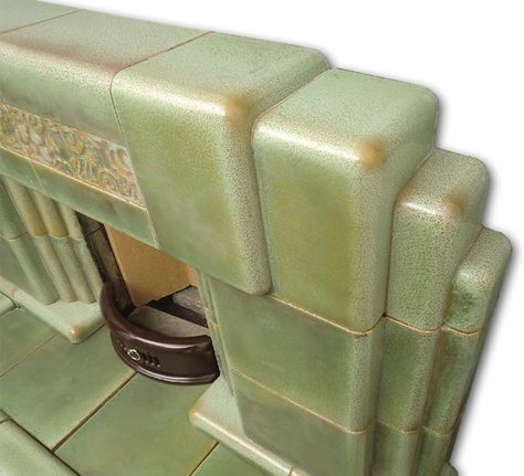 1930s Art Deco Interiors, Art Deco Fireplace Ideas, Unusual Fireplaces, Vintage Fireplace Ideas, Art Deco Fireplace Surround, 1920 Decor, 1920s Fireplace, Fireplace Step, Green Fireplace