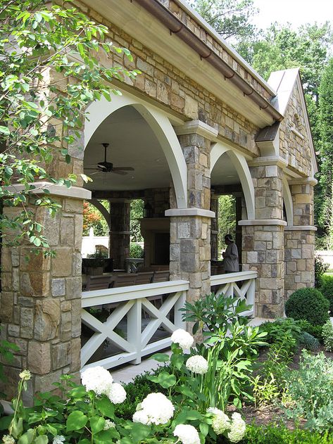 Spitzmiller and Norris Exterior Brackets, Front Porch Stone, Porch Railing, Front Porch Decorating, Porch Design, Decks And Porches, Architectural Details, Porch Patio, Outdoor Rooms